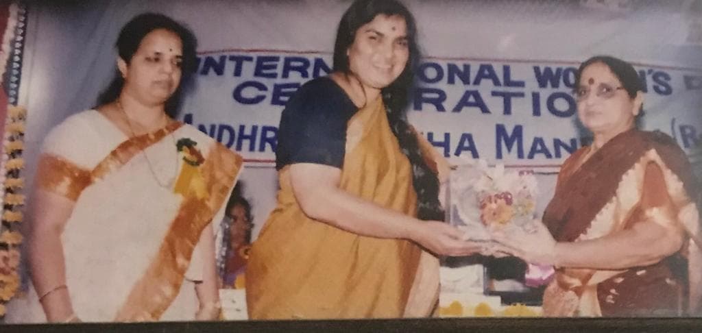 Smt Subbalakshmi receiving an award on International Women's Day in Delhi
